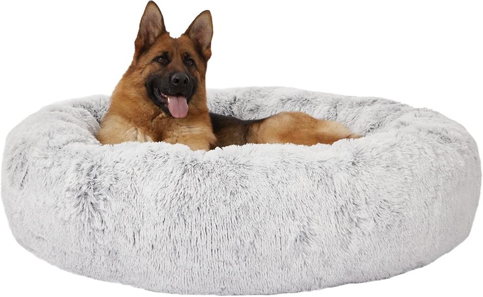 BEDFOLKS Calming Donut Dog Bed, Round Fluffy with Non-Slip Bottom (Light Gr