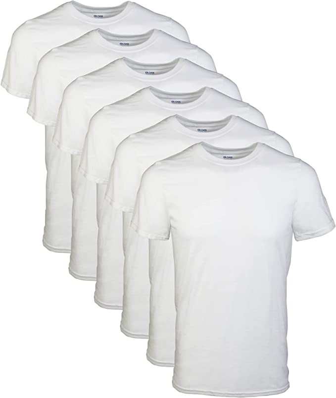 6-Pack GILDAN Men's Tag-Free Crew Tees, Size L (42-44), 100% Cotton, White.