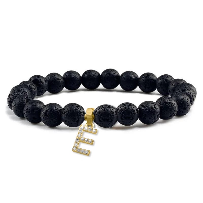 Unisex Black Volcanic Lava Rock Beaded Crystal Initial "E" Bracelet -Yellow