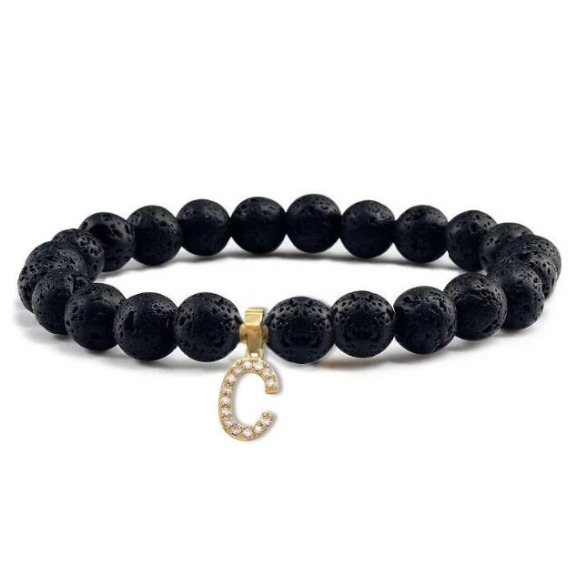 Unisex Black Volcanic Lava Rock Beaded Crystal Initial "C" Bracelet -Yellow