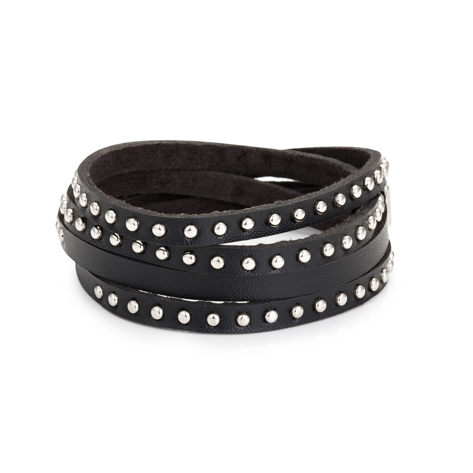 Triple Layer Black Leather Wrap around Bracelet