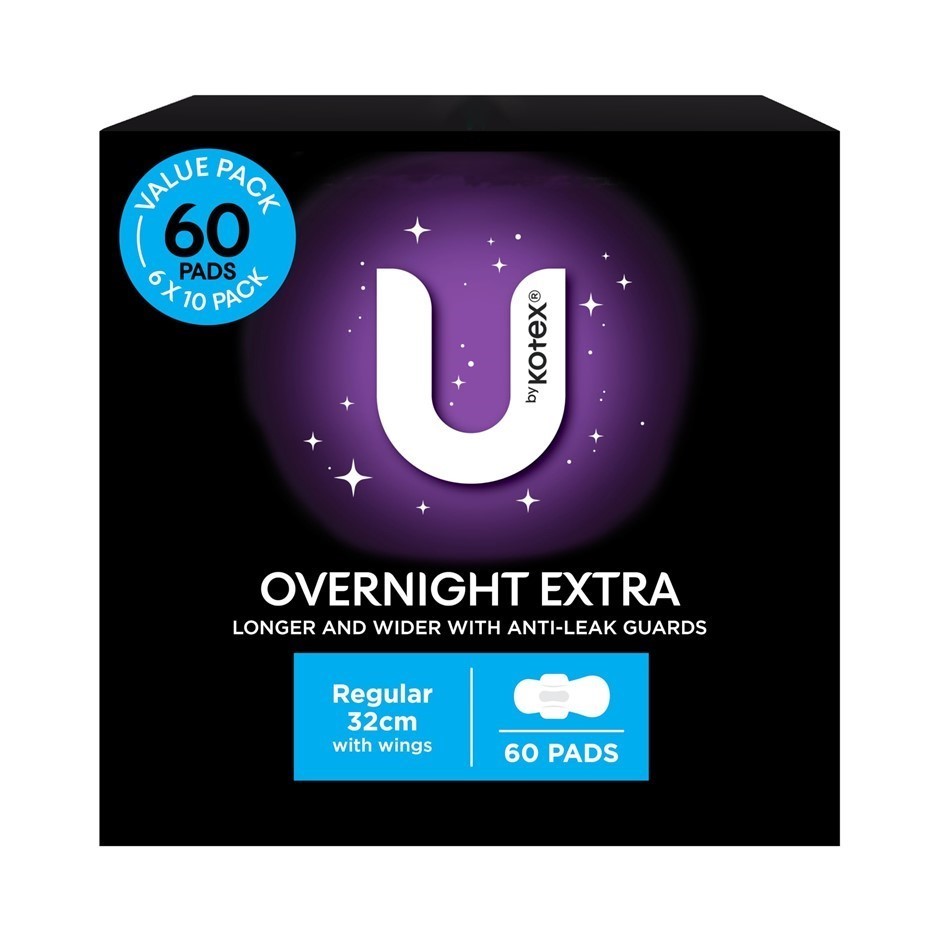 Box of 60pk U BY KOTEX Overnight Extra Regular Pads w/ Wings. N.B: Not in o
