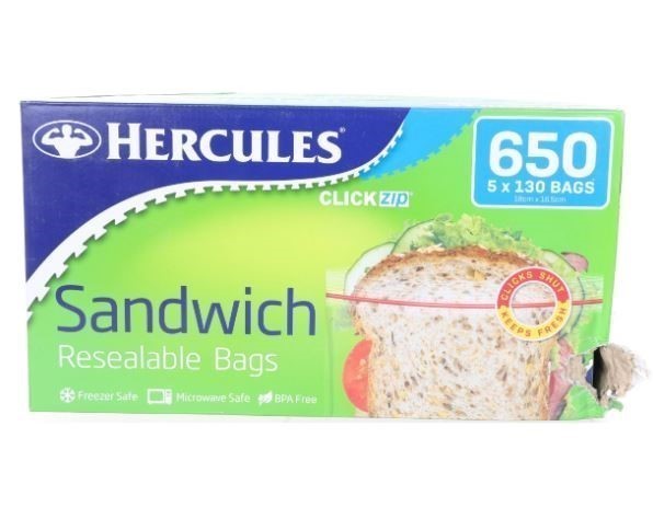 HERCULES 650pk Sandwich Bags Pack of Resuable Click- Zip Bags. N.B. Damaged