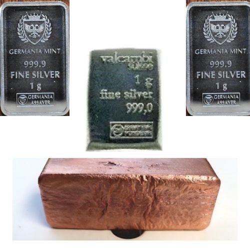 1 Kilo copper bar/ 1 gram silver  bar & 2 x 1 gram Silver Bar