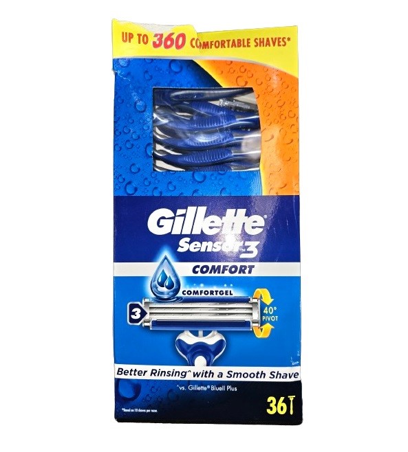 Pack of 36pc GILLETTE Sensor 3 Comfort Gel Men's Razors. N.B: Damaged packa