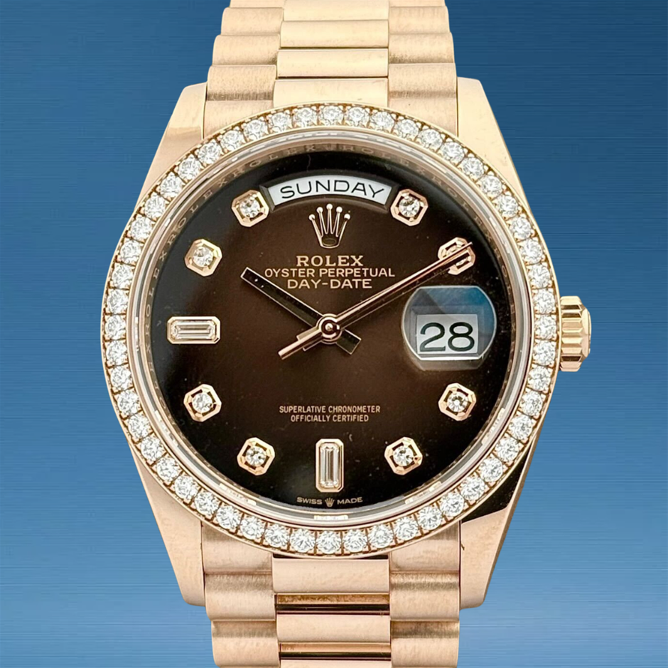 Rolex Day-Date 36 Everose Gold Diamond Bezel Baguette Diamond Dial BxP COA