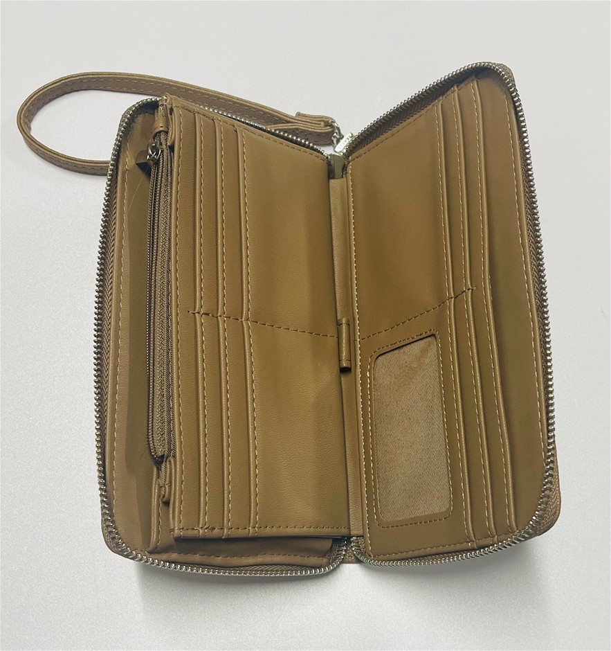 Steve Madden Wallet Organizer, Light Brown with Silver Logo, Wristlet & Zip