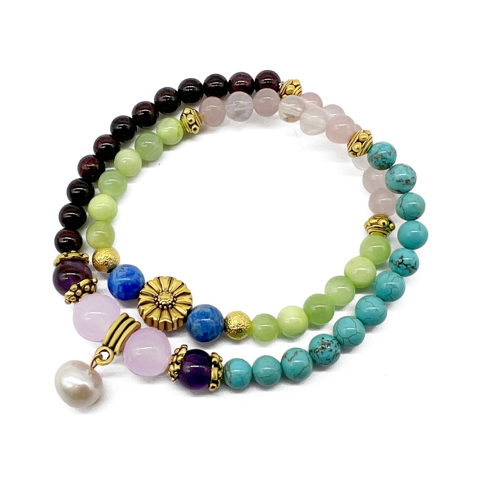 Multi Gem Sunflower & Pearl Double Row Stretch Bracelet
