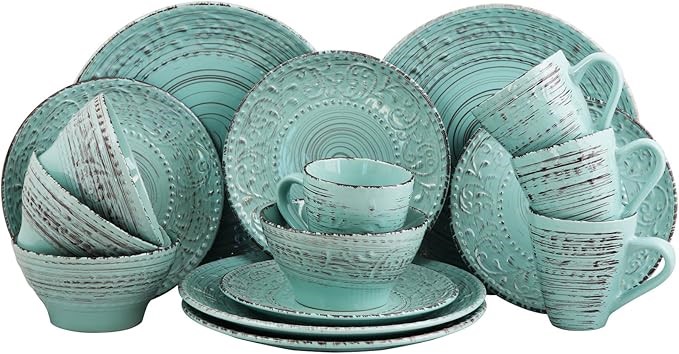 ELAMA Embossed Stoneware Ocean Dinnerware Dish Set, 16 Piece, Turquoise