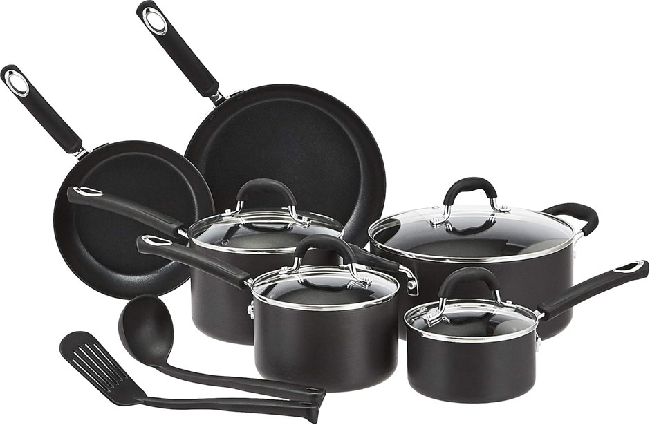 AMAZON BASICS Hard Anodized Non-Stick 12-Piece Cookware Set, Black.