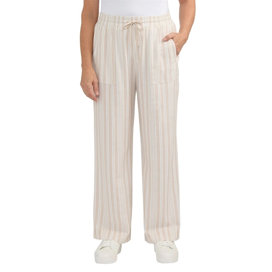 TEDDI ROSE Women's Wide Leg Pant, Size S, 55% Linen, Desert Tan Stripe. Bu