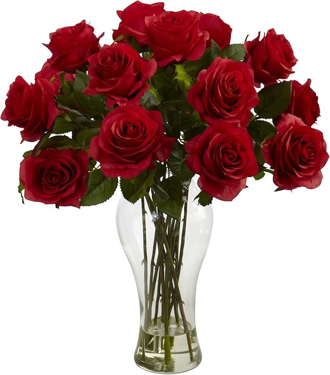 Nearly Natural 1328-RD Blooming Roses with Vase, Red