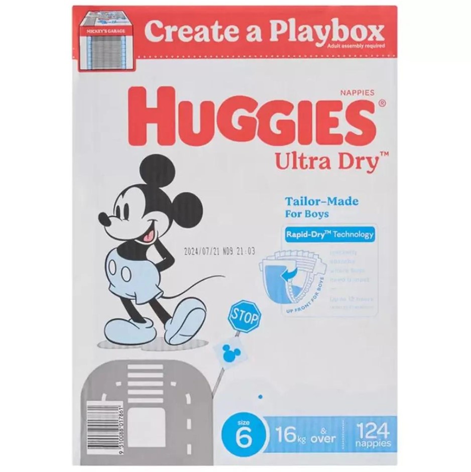 HUGGIES 124pk Ultra Dry Nappies For Boys, Size 6, 16kg+, Mickey Mouse. N.B: