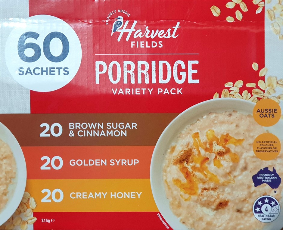 HARVEST FIELDS 60pk Porridge Variety Pack. N.B: damaged packaging & approx.