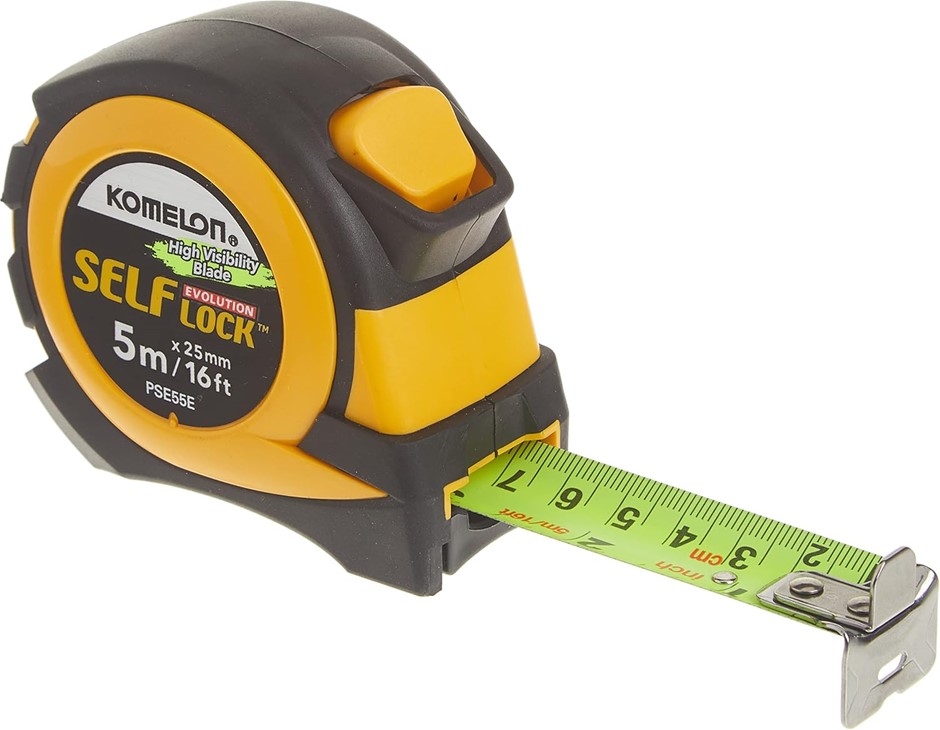 2 x KOMELON PSE55E 5M/16' Metric Self-Lock Tapes Measure, Yellow/Black.