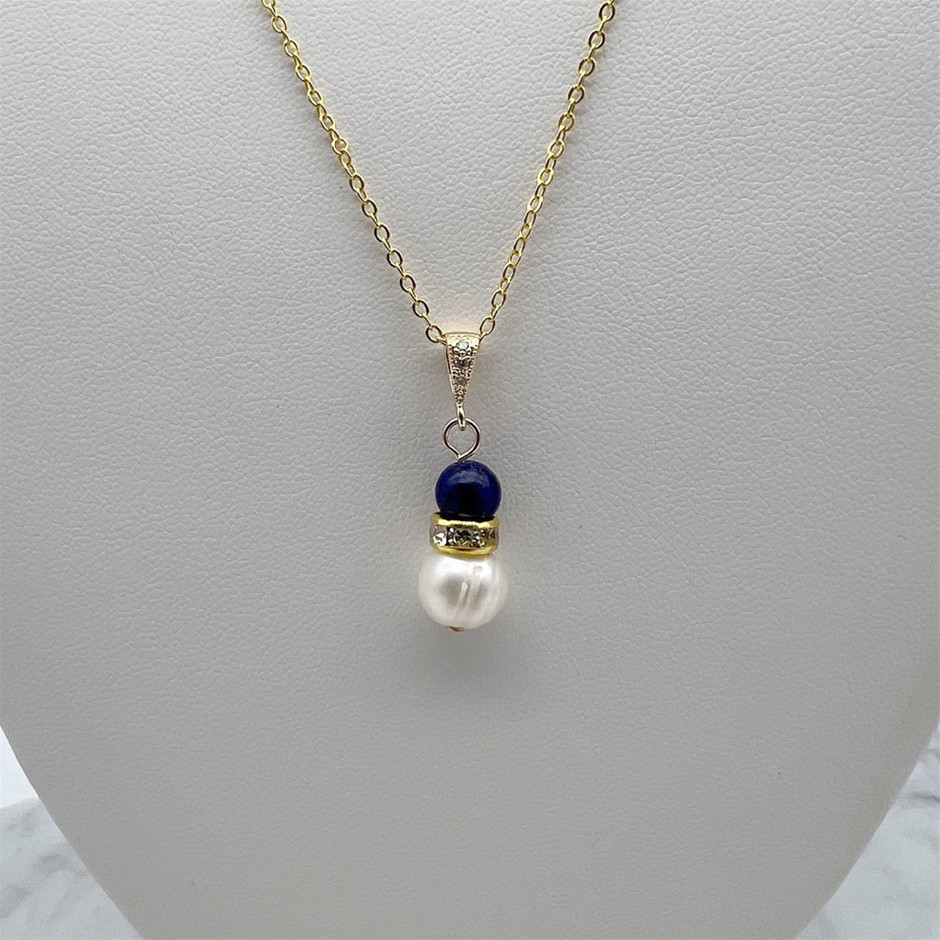 Pearl & Lapis Lazuli Gemstone Gold Plated Pendant Necklace