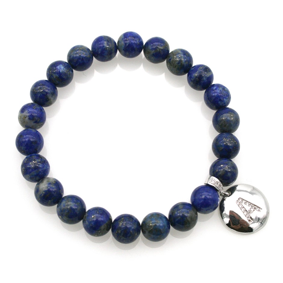 Round Lapis Lazuli & Letter 'A' Platinum Plated with CZ  Bracelet