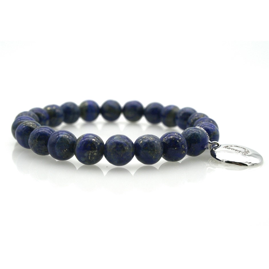 Round Lapis Lazuli & Letter 'D' Platinum Plated with CZ  Bracelet