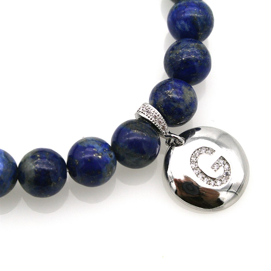 Round Lapis Lazuli & Letter 'I' Platinum Plated with CZ Bracelet