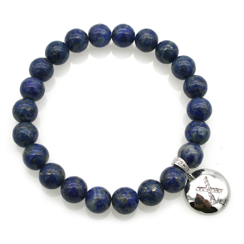 Round Lapis Lazuli & Letter Platinum 'X' Plated with CZ Bracelet