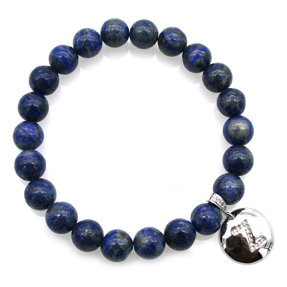 Round Lapis Lazuli & Letter 'Z' Platinum Plated with CZ Bracelet