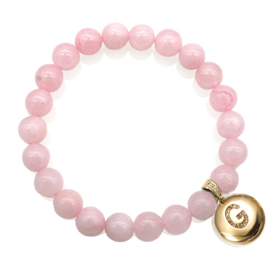 Round Rose Quartz & Letter 'G' Gold Plated with CZ  Bracelet