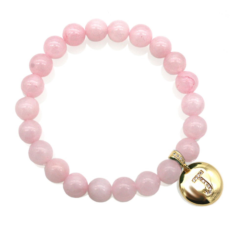 Round Rose Quartz & Letter 'J' Gold Plated with CZ Bracelet