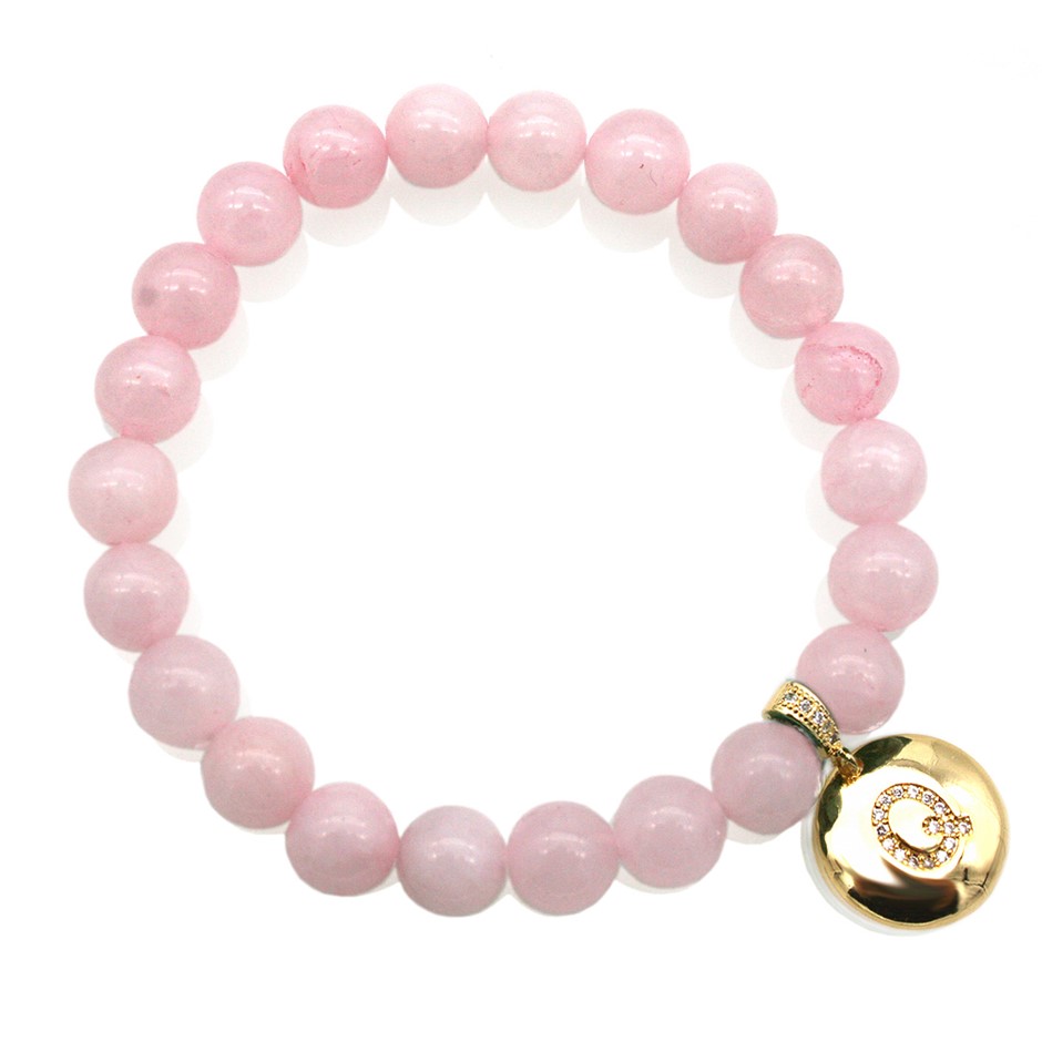 Round Rose Quartz & Letter 'Q' Gold Plated with CZ  Bracelet