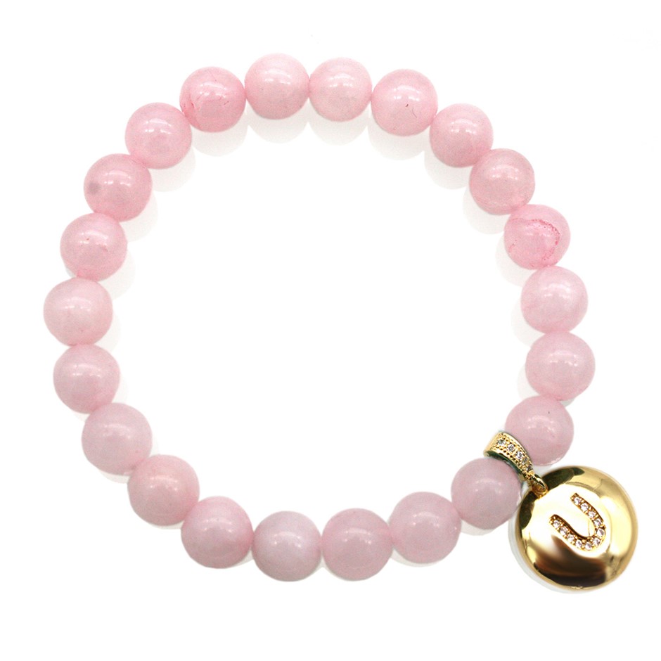Round Rose Quartz & Letter 'U' Gold Plated with CZ Bracelet