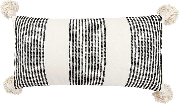 Creative Co-Op Cotton & Chenille Vertical Black Stripes, Tassels & Solid Cr