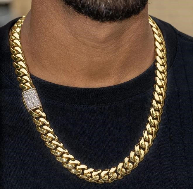 Italy 18K Triple Yellow Gold Plated Cuban Chain (18KGP/Italy)60cm-14mm