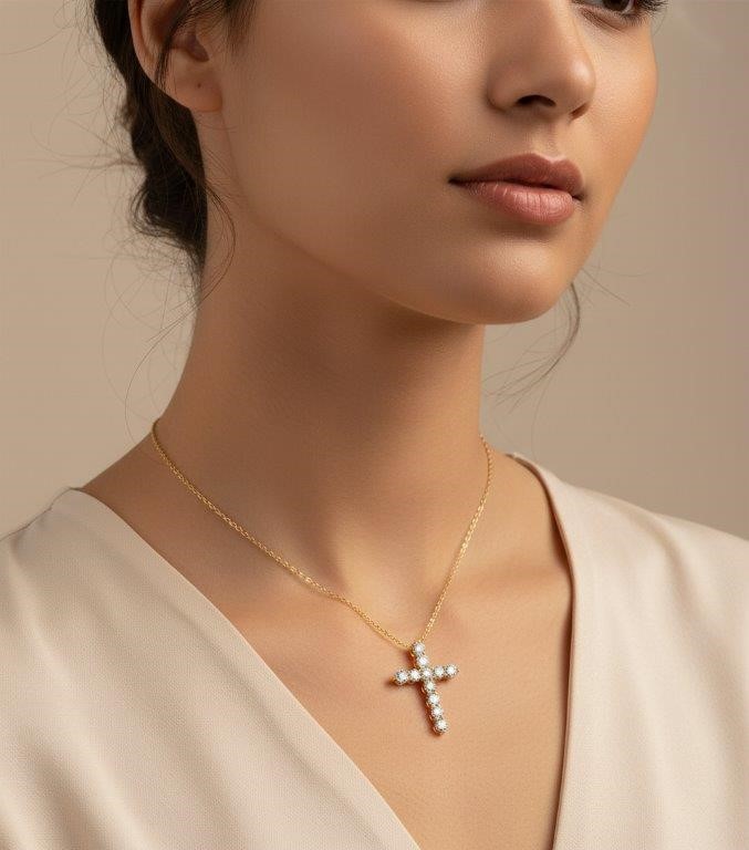 GRA Moissanite White Brilliant Cut Stone Cross Pendant -S925-