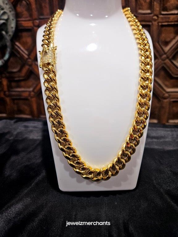Italy 18K Yellow Gold Plated Cuban Chain (18K/Italy)stamped-66cm-14mm