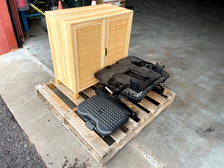 Sit Stand Desk Converter, Adjustable Foot Rest and Small Cupboard