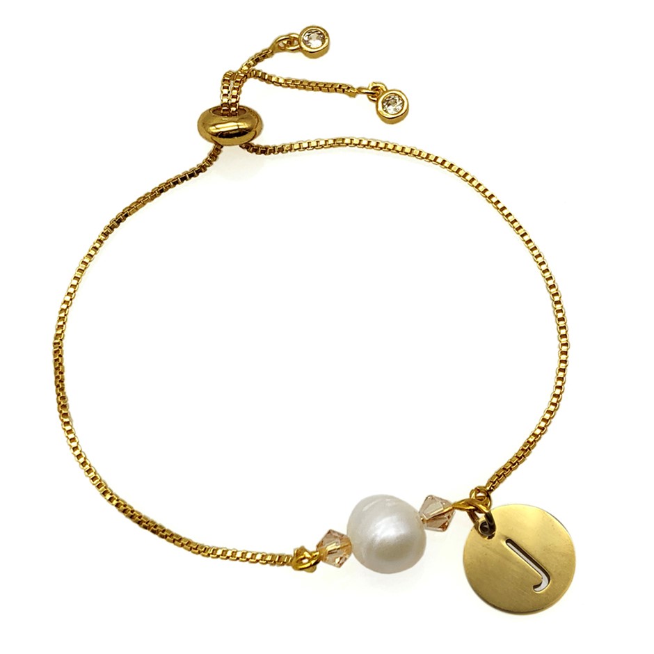 8-9mm Pearl & Swarovski Crystal & Initial Letter 'J' Charm Bracelet
