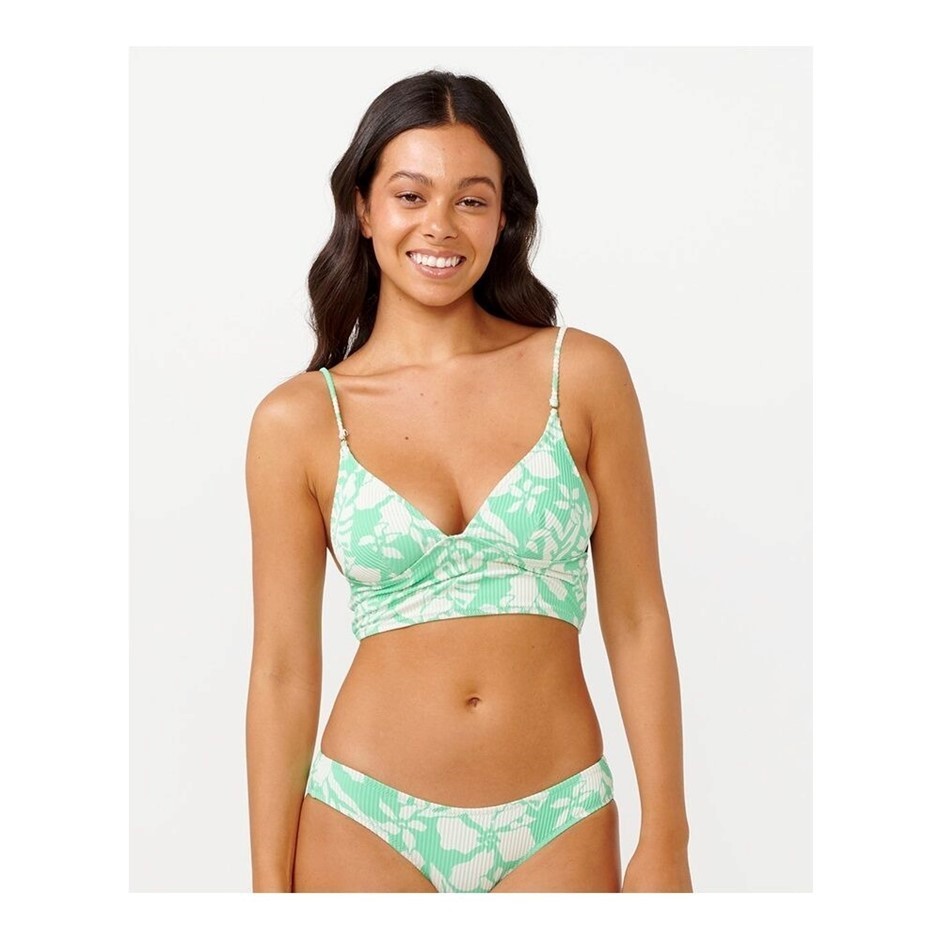 RIP CURL Women's Sun To Sea Long Line Crop Bikini Top, Size L, Aqua. RRP: $