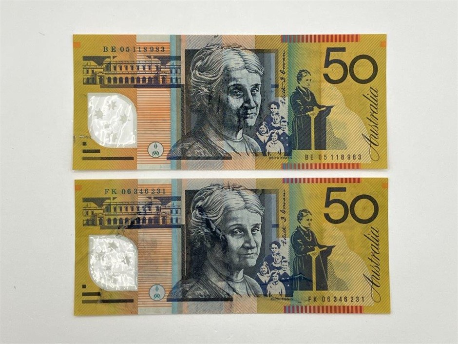 2 x Australian Fifty Dollar Banknotes