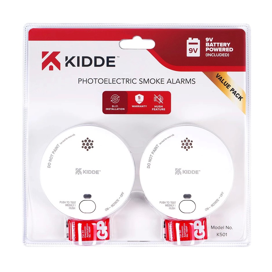 KIDDE 2pk Smoke Alarm K501. NB: Damaged packaging, not tested, 1 x battery