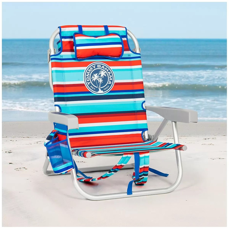 TOMMY BAHAMA 5-Positions Aluminium Backpack Beach Chair, Royal & Red Stripe