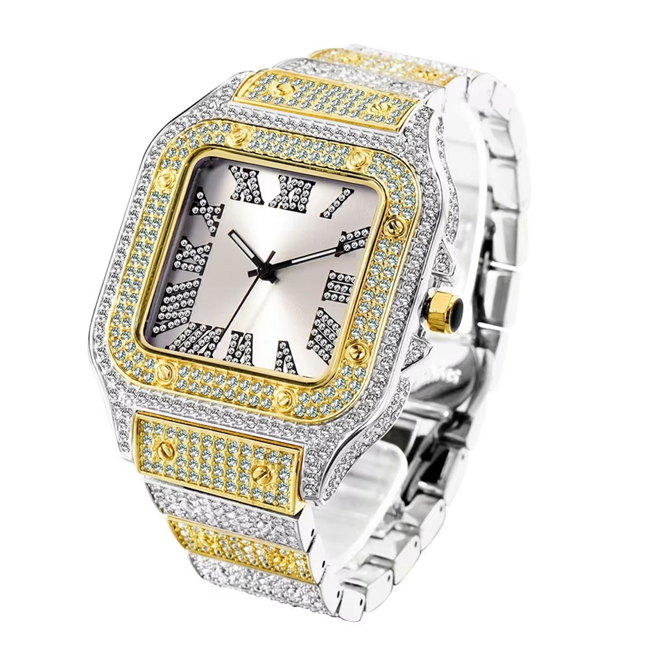 18k White & Yellow Gold Filled, White Face Iced Out Diamond Quartz Watch
