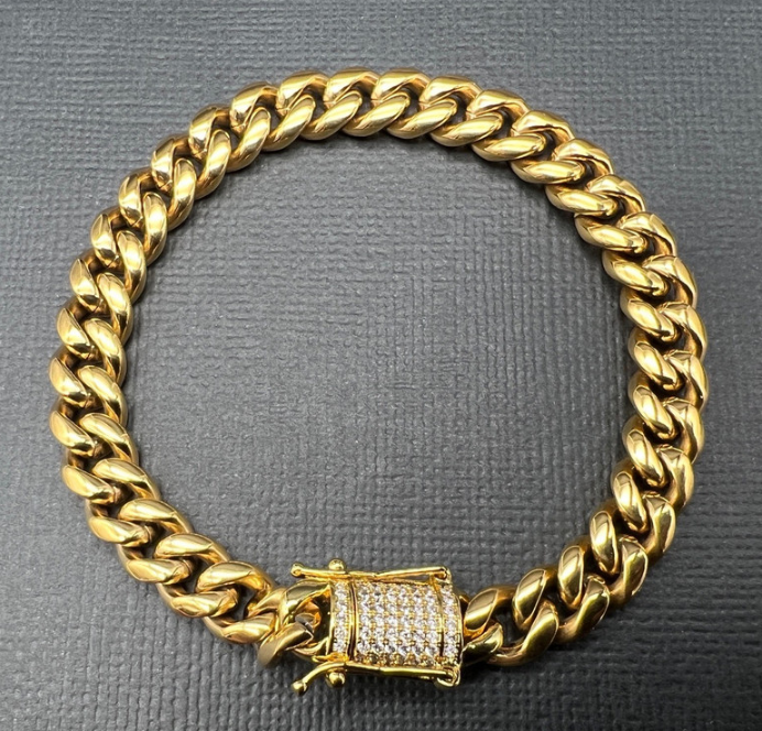 18K Gold-Filled Cuban Bracelet with Simulated Diamond Clasp, 8MM - 19cm