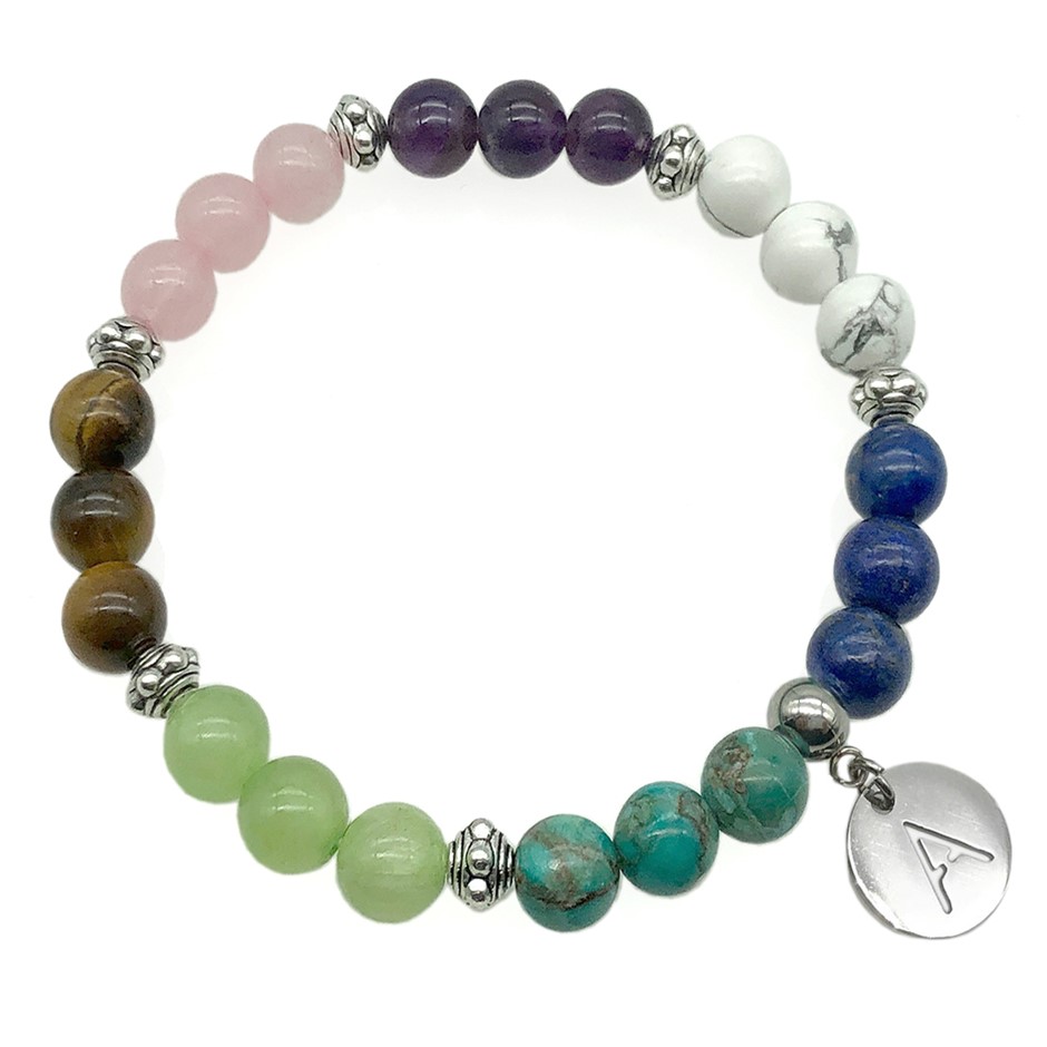 8mm Multi & Antique Silver Spacer Bead Letter 'A'  Bracelet.