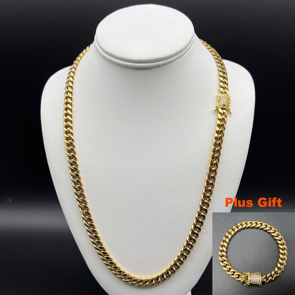 18K Gold-Filled Cuban Necklace with Simulated Diamond Clasp, 8MM - 60.9cm