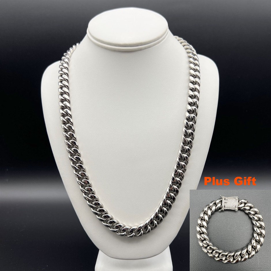 Silver-Filled Cuban Necklace Simulated Diamond Clasp, 12MM Wide - 60.9cm
