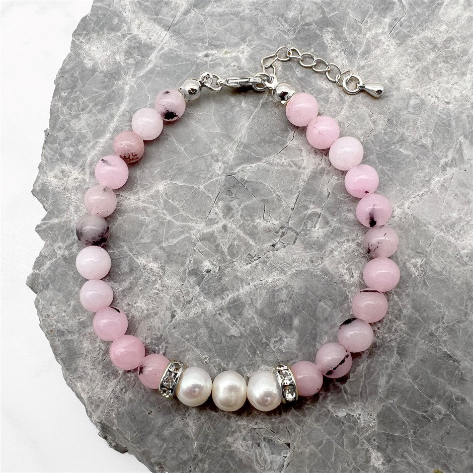 7-8mm Pearl & Cherry Blossom Jasper with Real Platinum Plated Bracelet