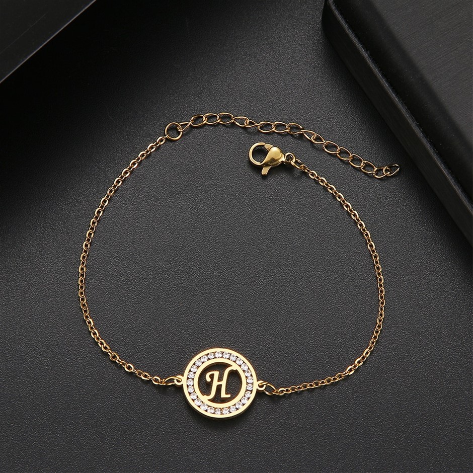 Stainless Steel Initial 'H' Bracelet with Simulated Diamonds - Yellow