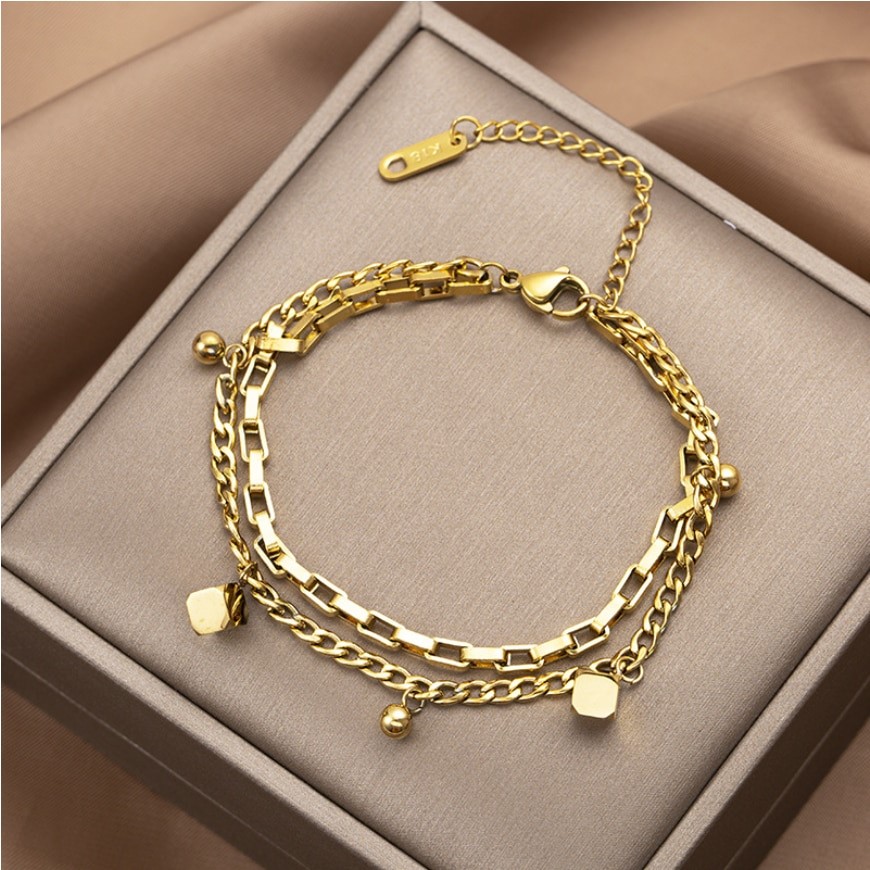 Vintage Stainless Steel Double Layer Charm Bracelet - Yellow