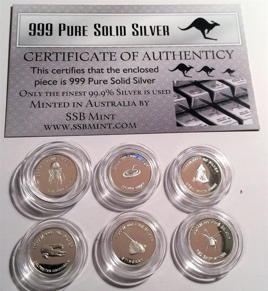 Set of 6 Danger Series 1g 999.0 Pure Silver Coins (6 Grams Approx) COA