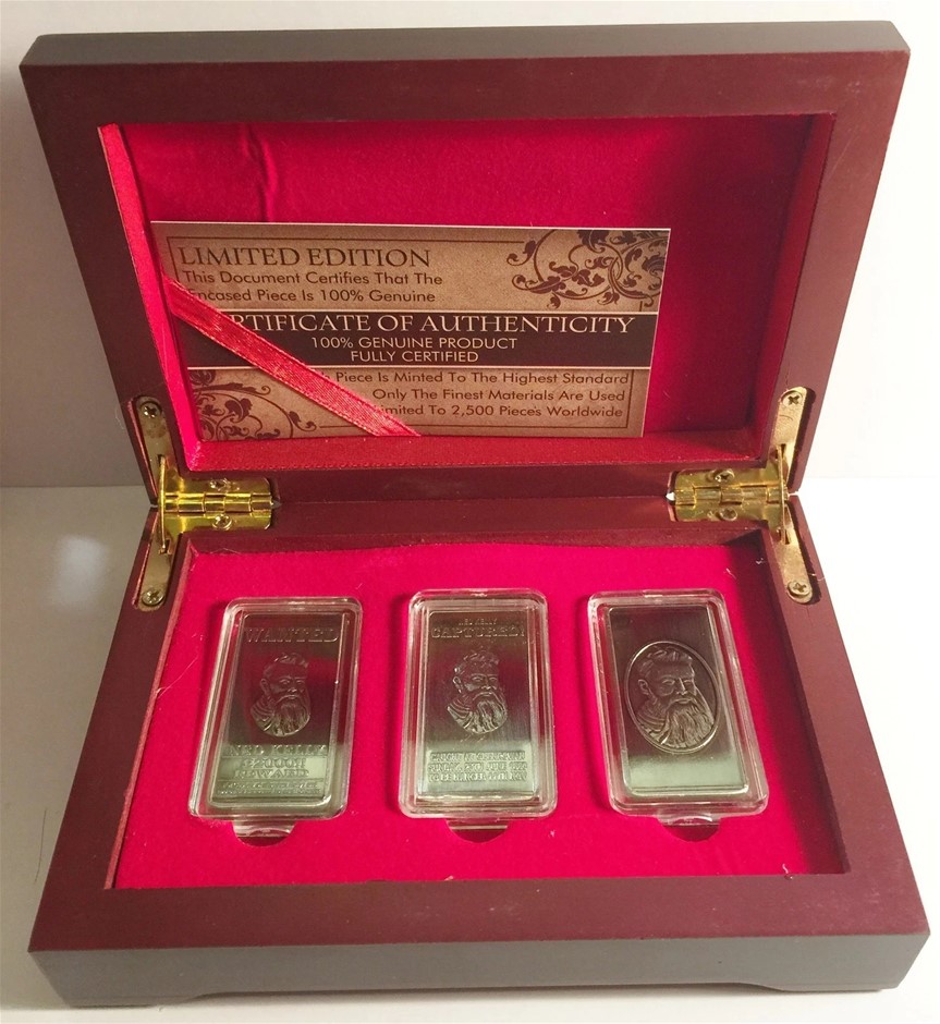 NED KELLY" Set Of 3 x 10 Gram Ingots With Wood Display