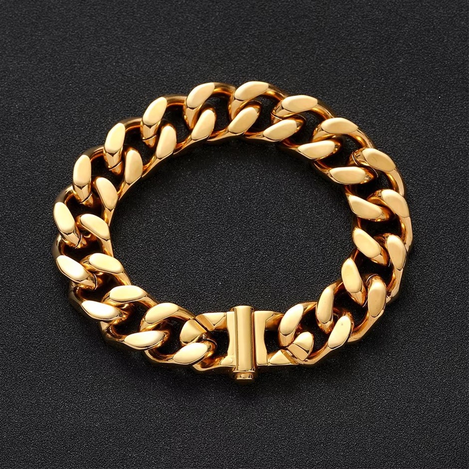 18K Gold Plated Cuban Link Chain Bracelet, 10MM Wide - 21.5cm